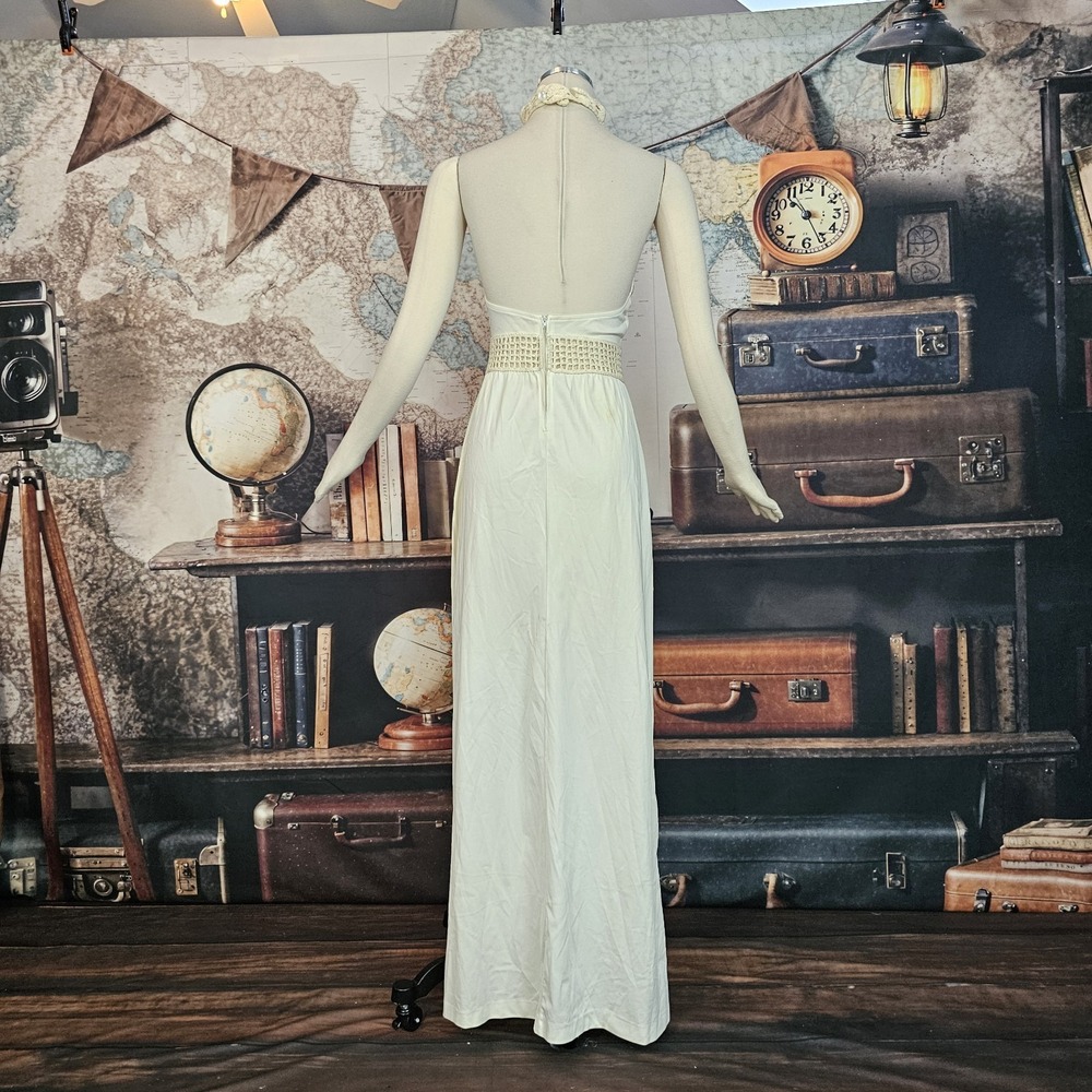 Vintage 1970s Dress Maxi Floor Length Cream Colored Crochet Neckline Inserts - Picture 10 of 15